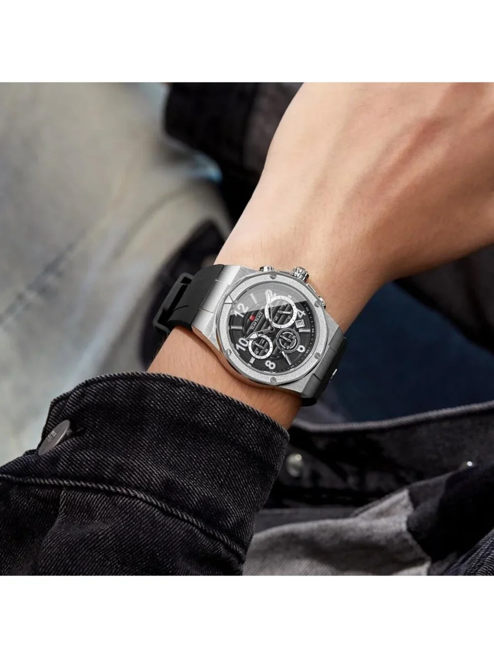 Men's Silver Analog Quartz Silicone Strap Chronograph Waterproof Luxury Watch